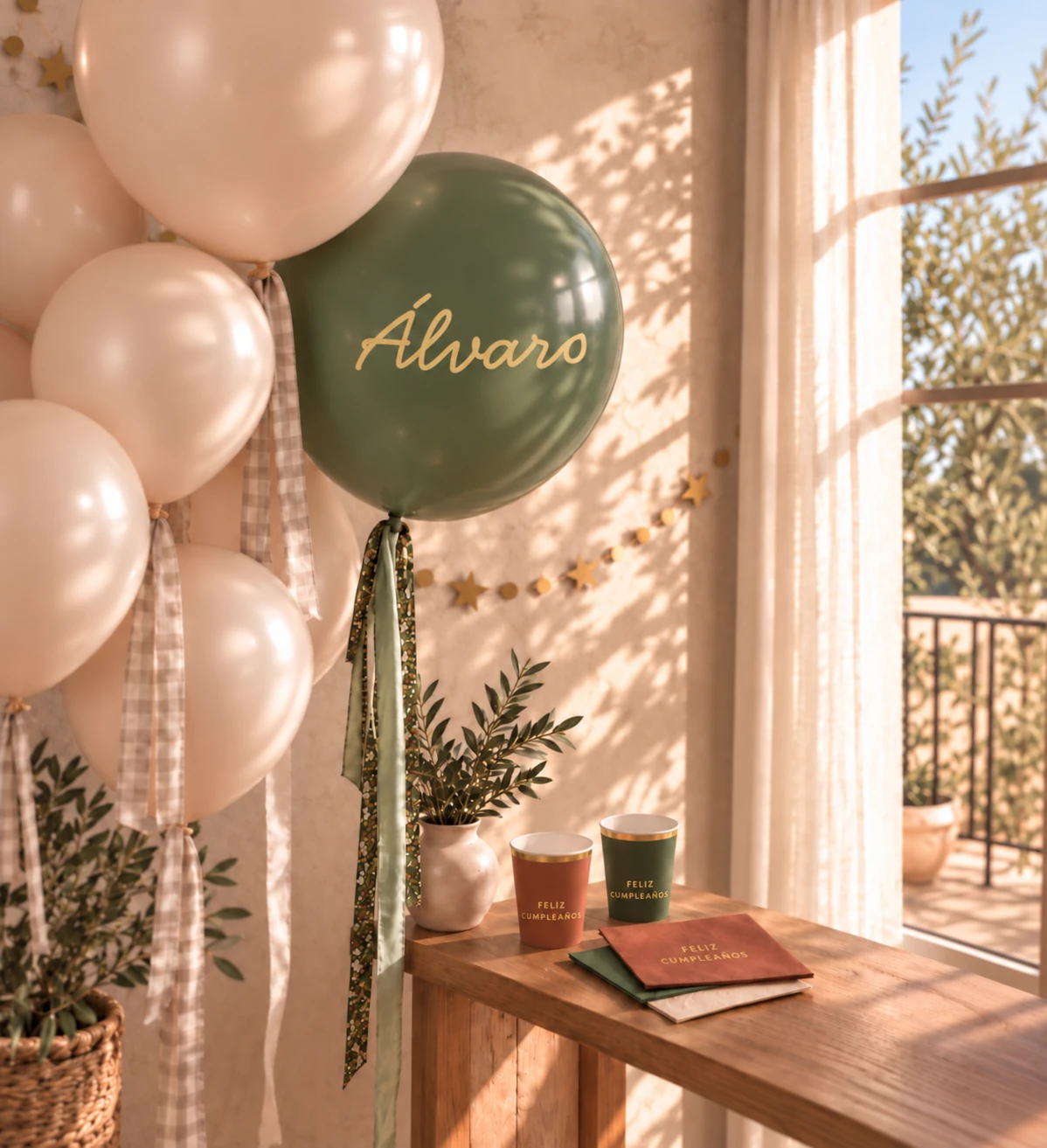 Composición decorativa con globos personalizados en la misma paleta cálida