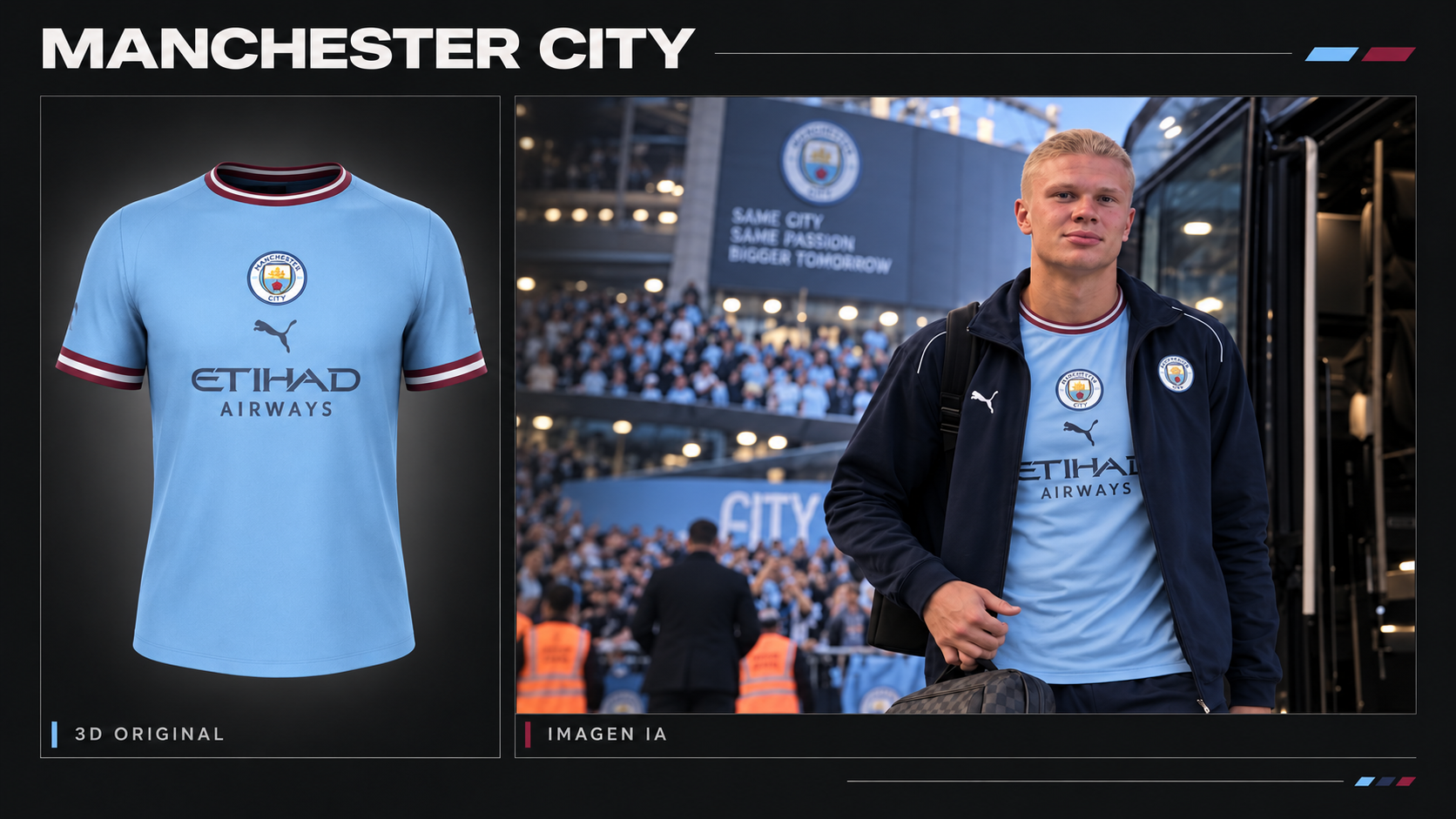 Comparativa completa entre un render 3D propio de una camiseta del Manchester City y una escena conceptual con IA