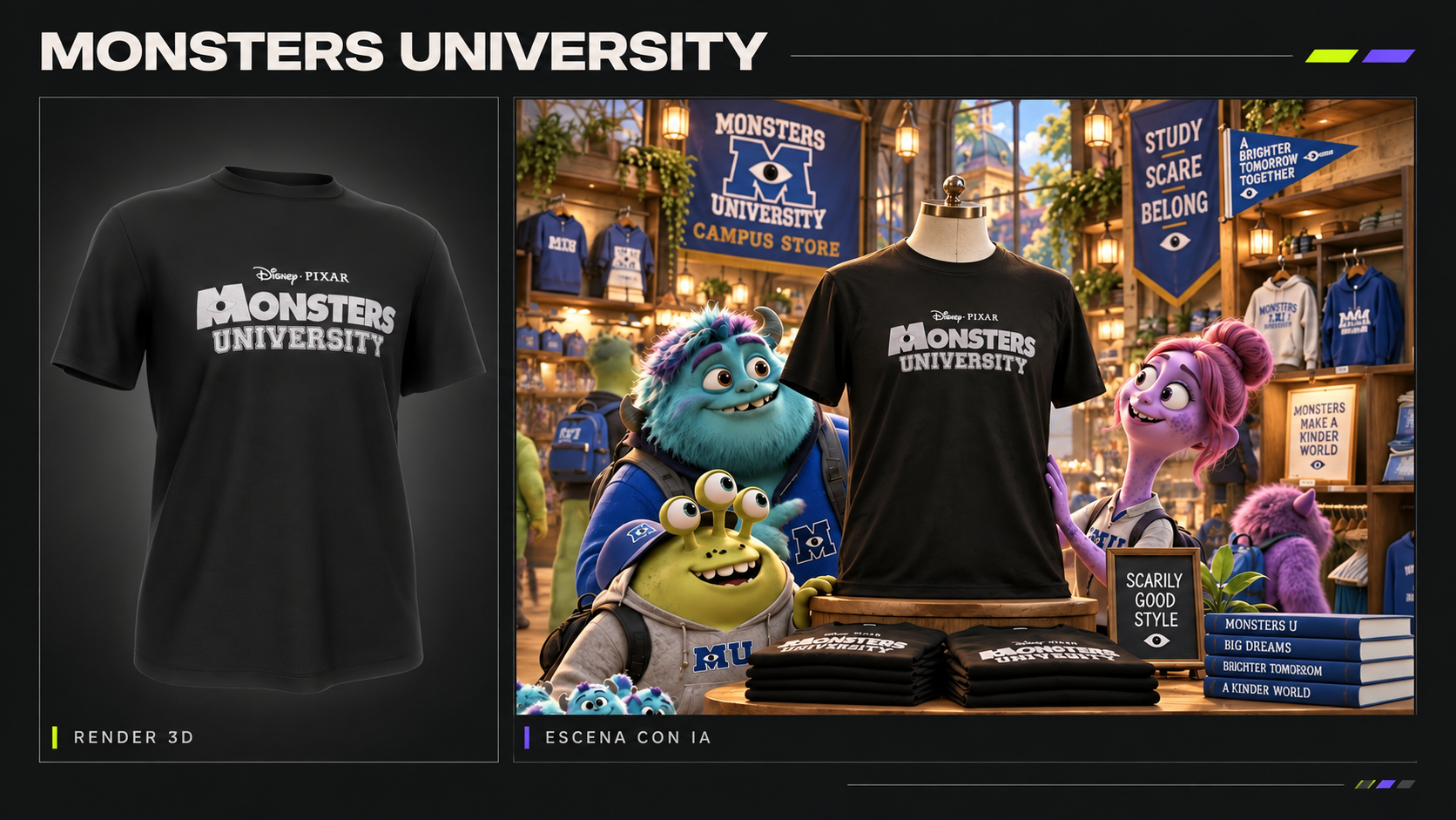 Comparativa completa entre un render 3D propio de una camiseta de Monsters University y una escena conceptual con IA