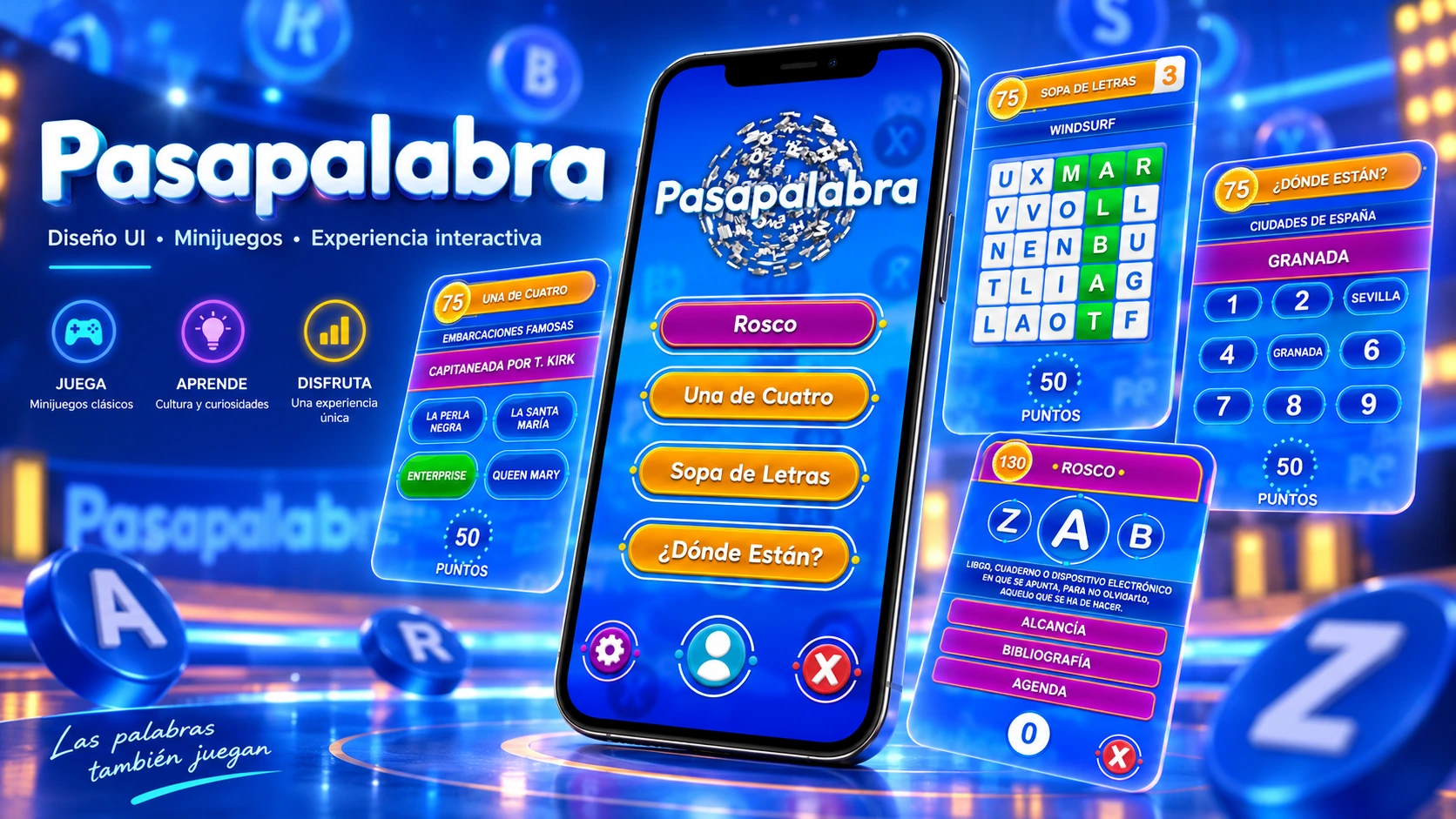 Portada de Pasapalabra con teléfono y varias interfaces del juego