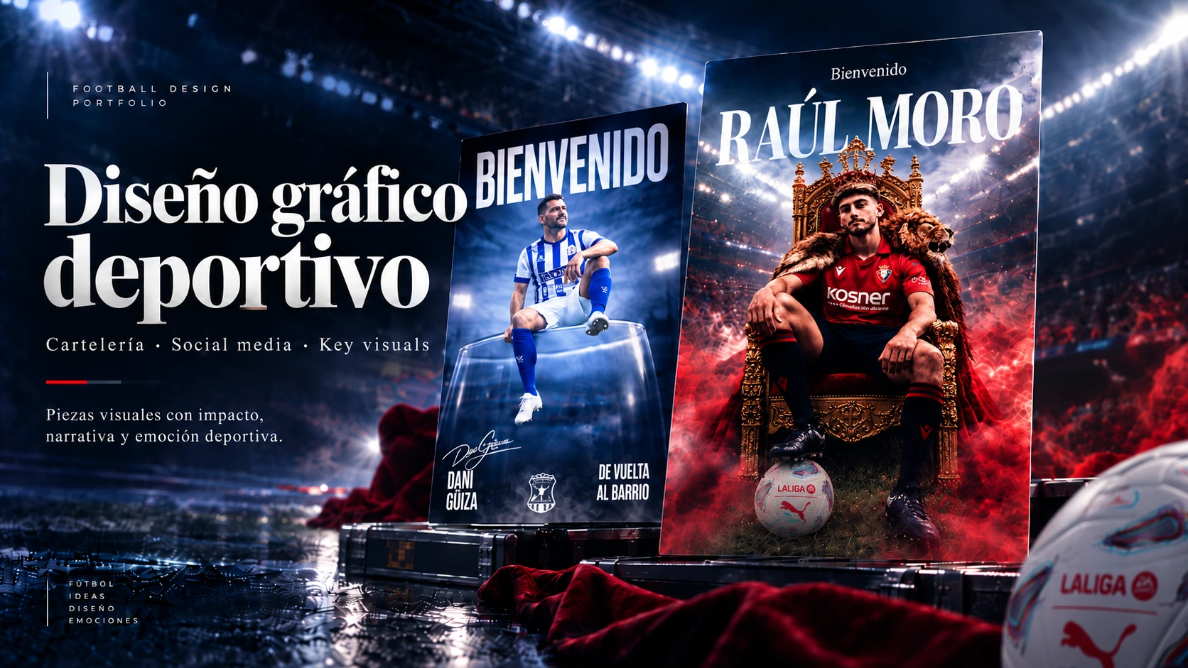 Portada de presentaciones de fichajes con las piezas de Dani Güiza y Raúl Moro