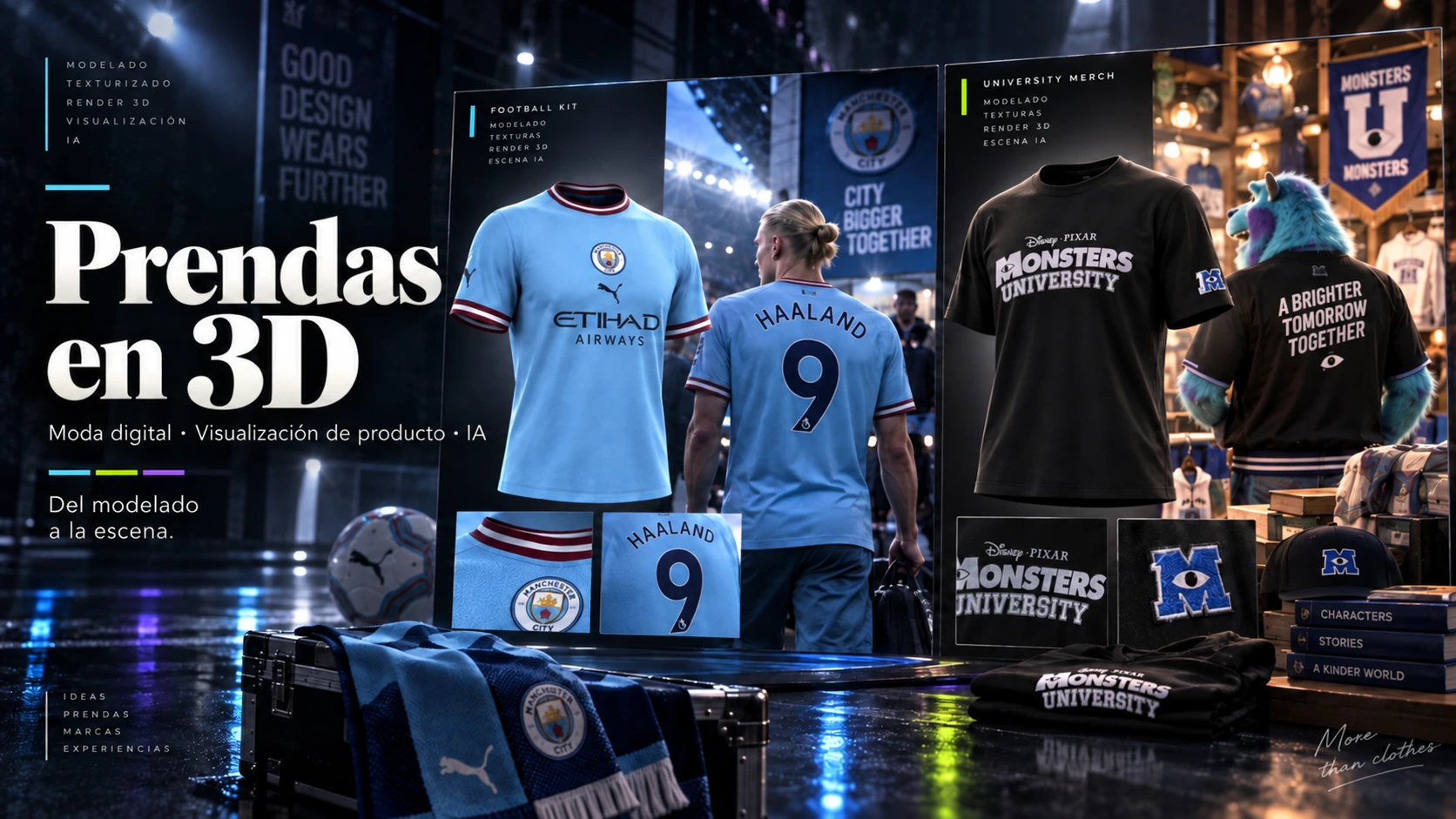 Portada de Prendas en 3D con renders de producto y escenas conceptuales