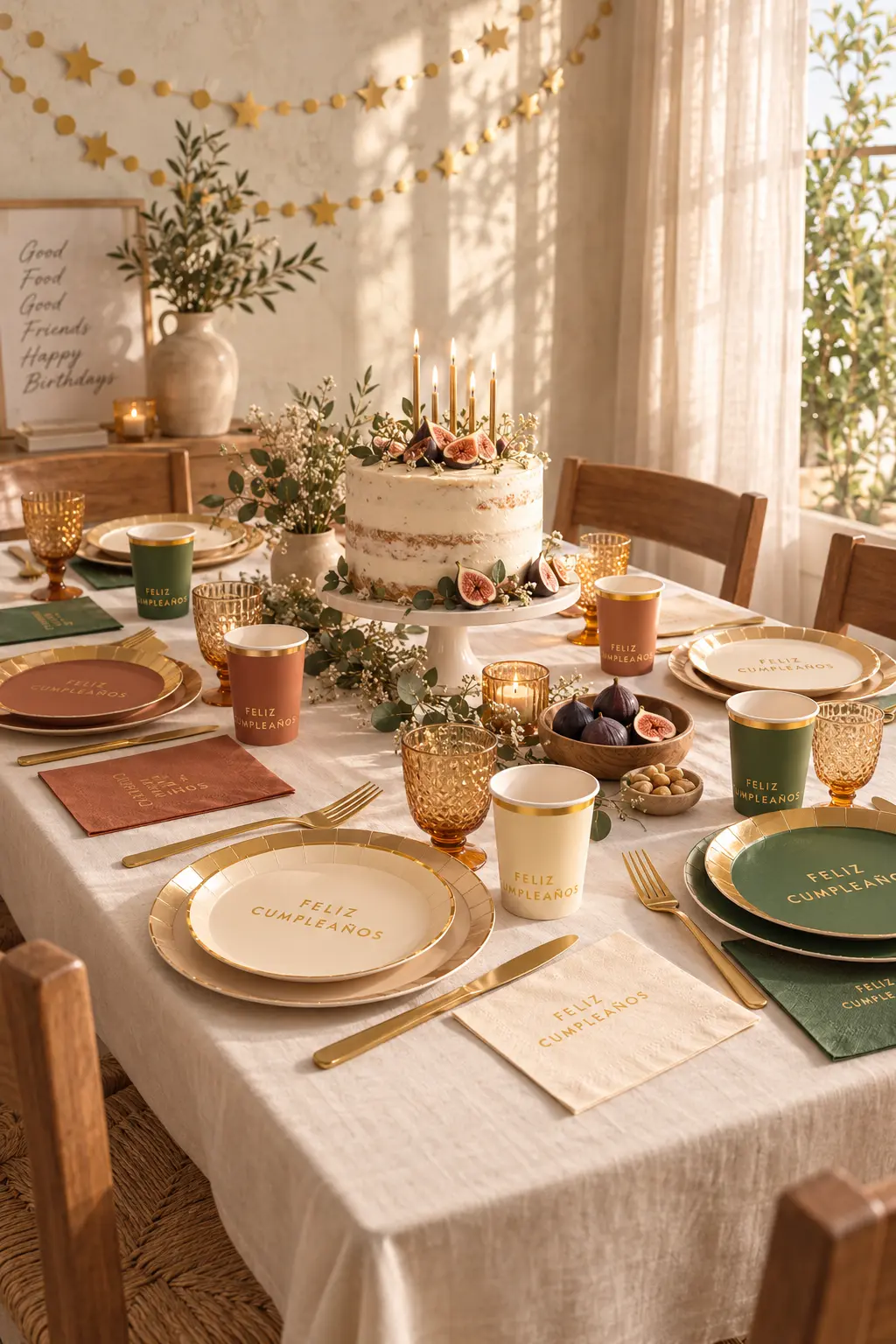 Mesa de cumpleaños completa con tarta y colección en luz de tarde mediterránea