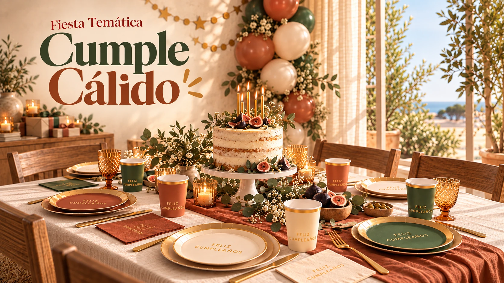 Portada del caso práctico: mesa de cumpleaños con tarta y colección en tonos crema, verde, terracota y dorado